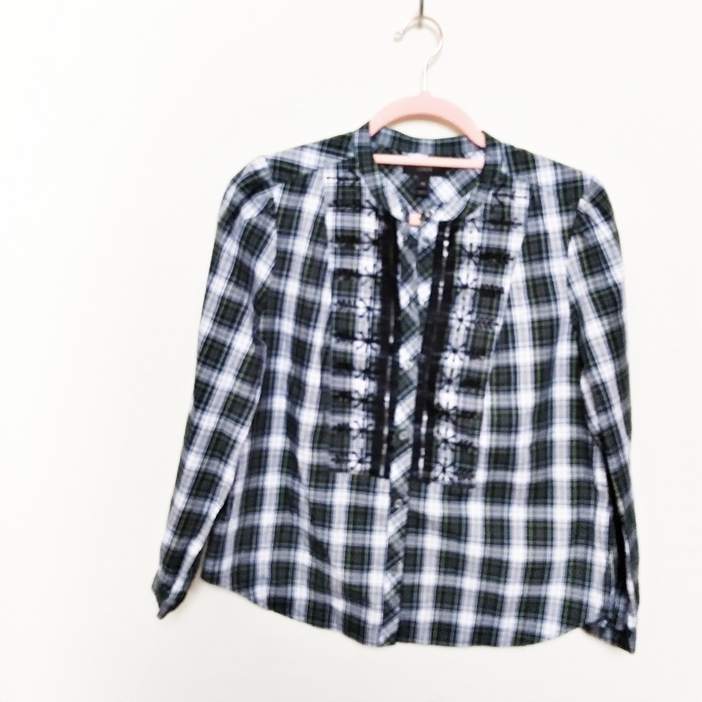 J Crew Green Forest Tartan Plaid Beaded Button Down Shirt Size Petite Small